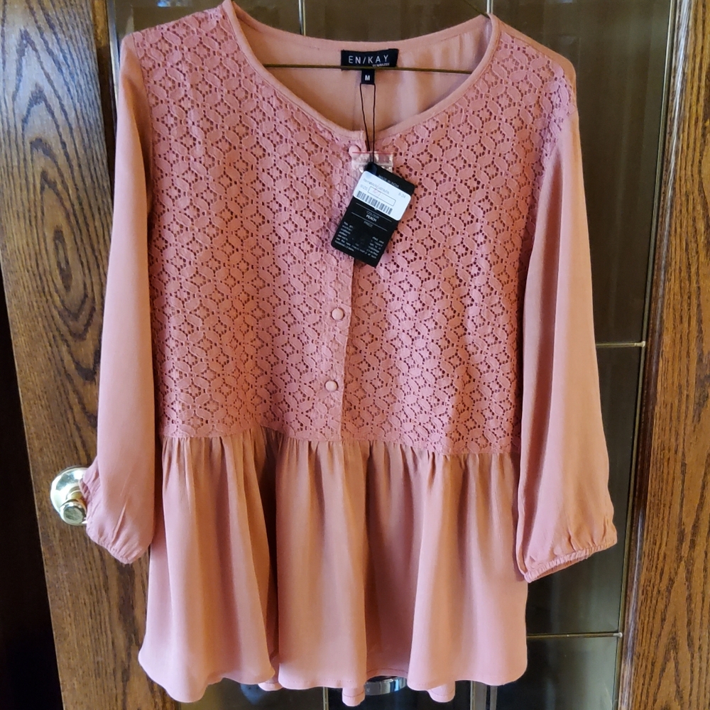 EN/KAY by NAVEEN Pale Peach Buttoned Peplum Blouse